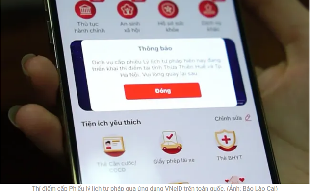 Thí điểm cấp Phiếu lý lịch tư pháp trên ứng dụng VNeID