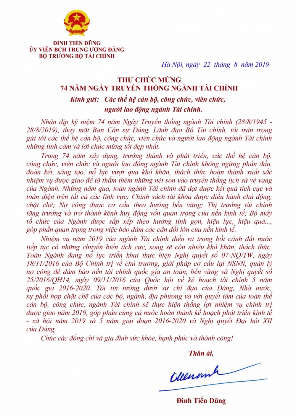 Bộ trưởng Đinh Tiến Dũng gửi thư chúc mừng nhân Ngày Truyền thống ngành Tài chính Bộ trưởng Đinh Tiến Dũng gửi thư chúc mừng nhân Ngày Truyền thống ngành Tài chính