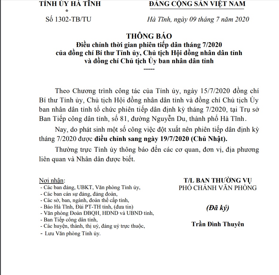 Thông báo thay đổi ngày tiếp công dân định kỳ tháng 07/2020