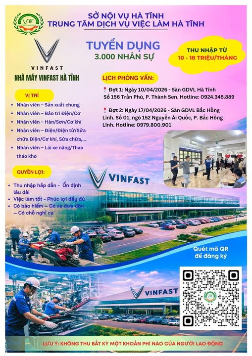  THÔNG BÁO: NHÀ MÁY VINFAST HÀ TĨNH TUYỂN DỤNG 